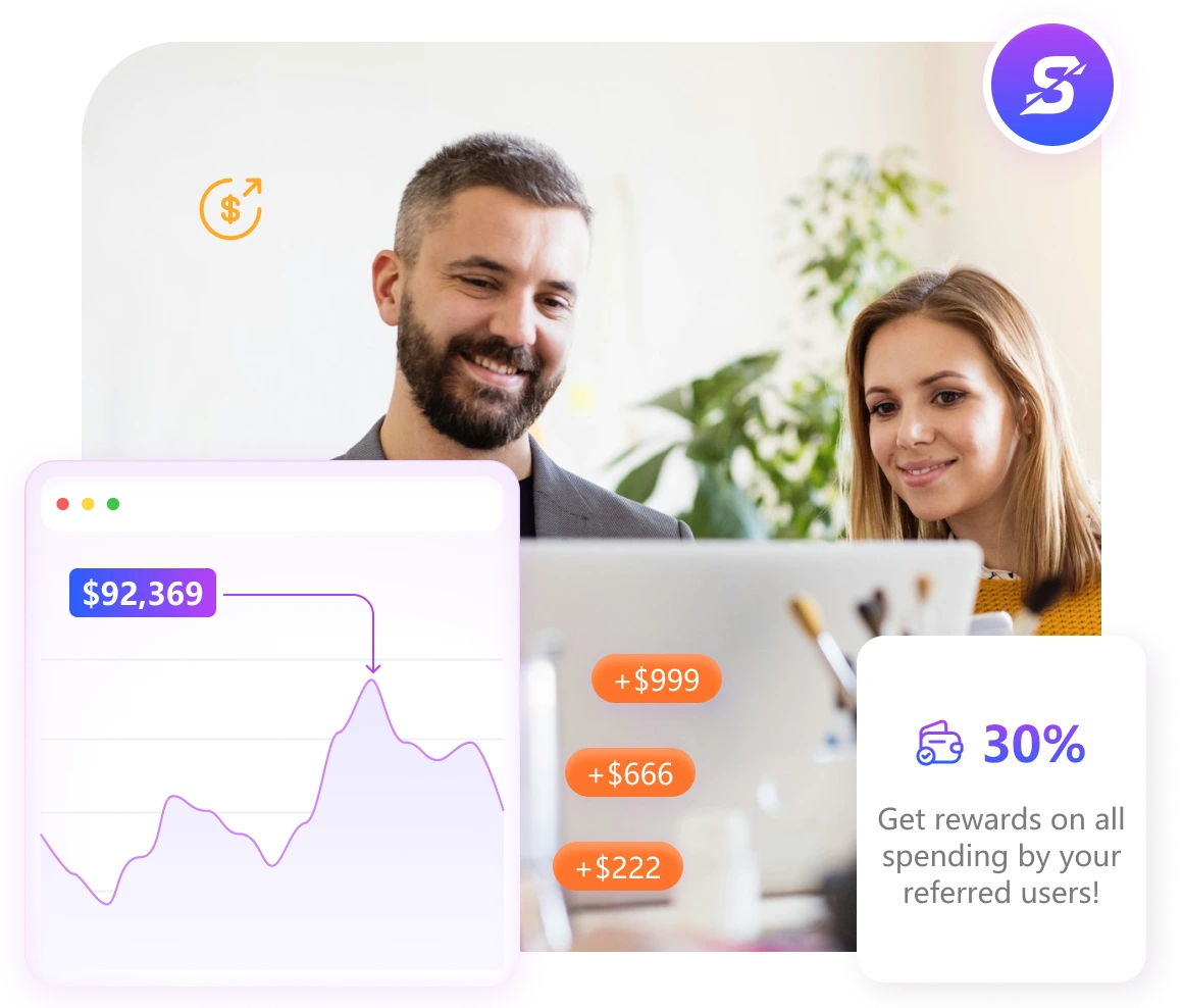 SNAPPROXY affiliate earnings chart showing monthly income growth with 30% referral commission highlight